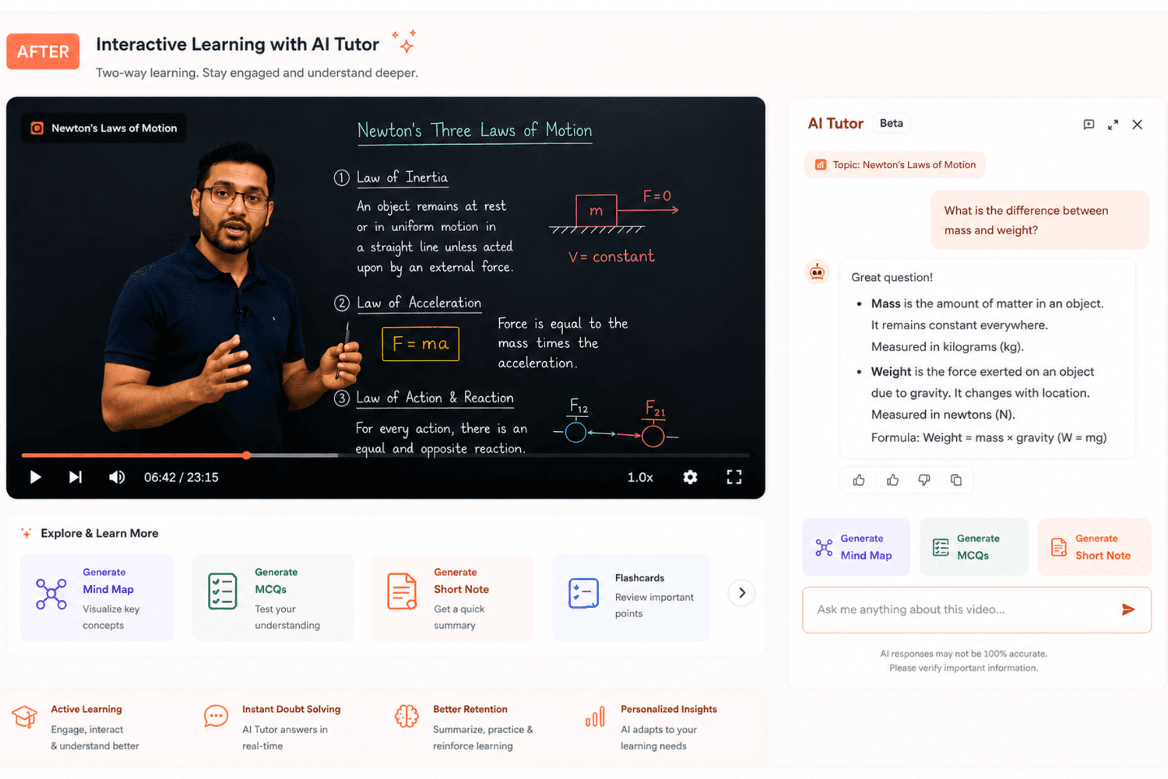 An interactive AI tutor inside the lecture video answering a student question