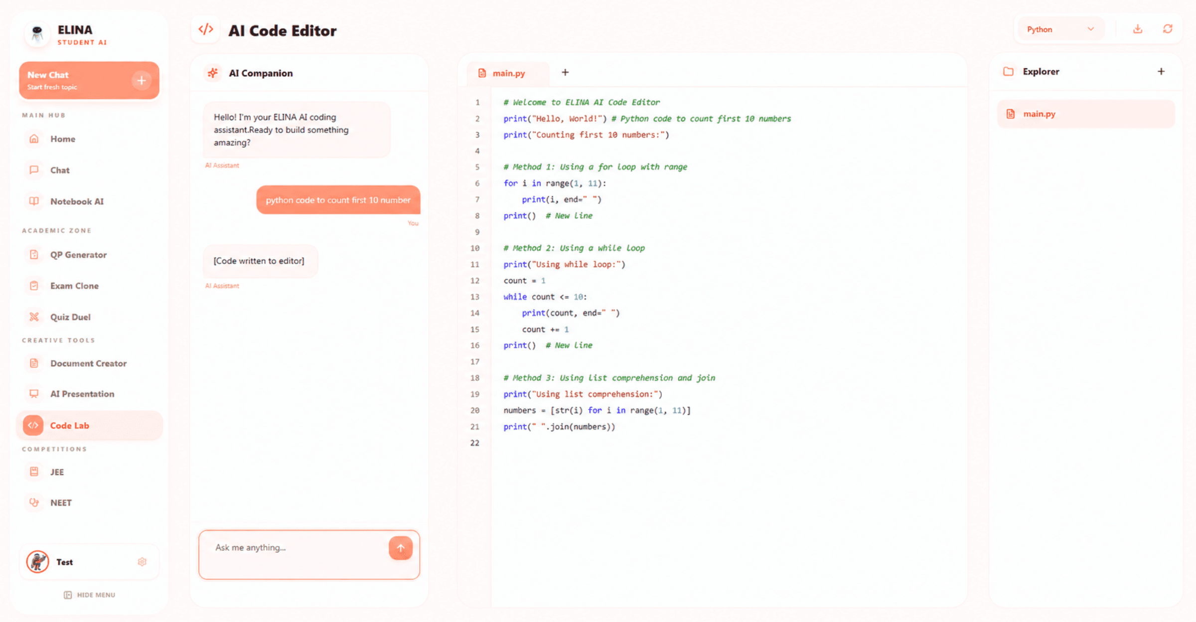 ELINA AI Code Lab showing code editor, AI prompt, and live preview