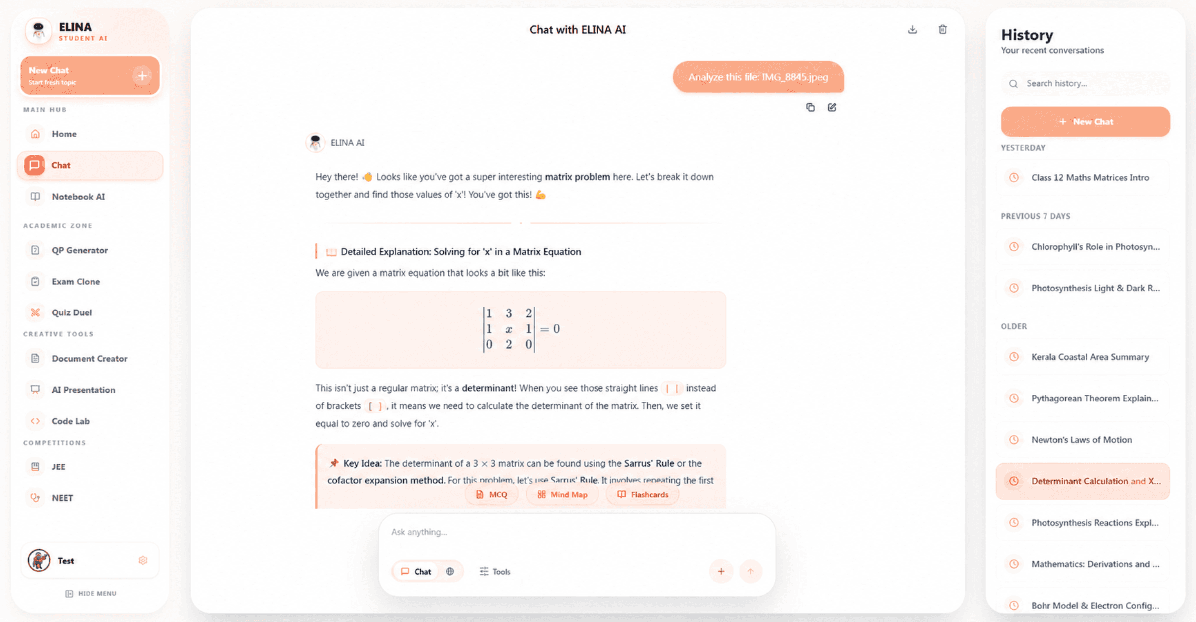 ELINA AI Tutor explaining an academic concept with visual diagrams, MCQs, and flashcards