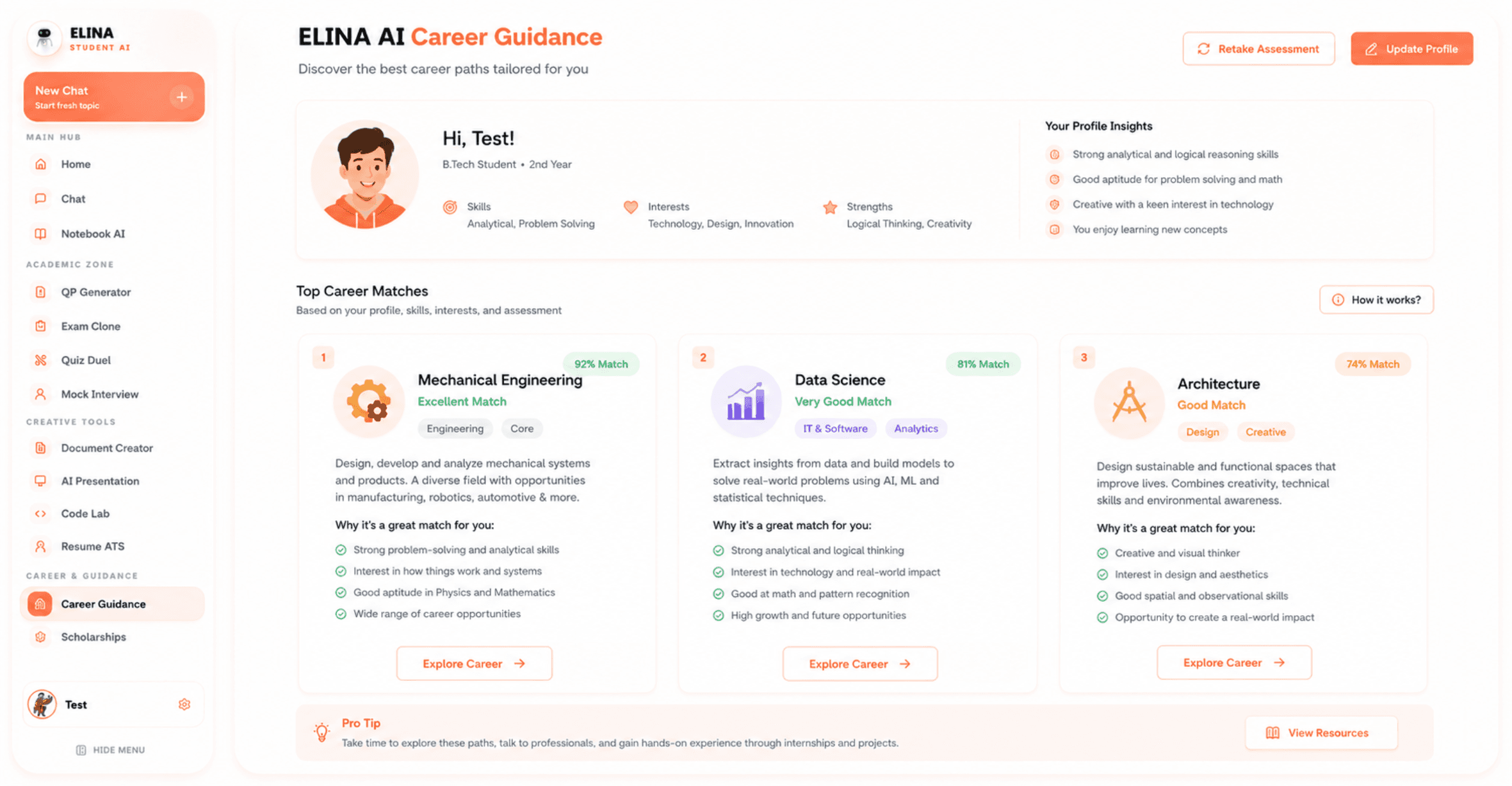ELINA AI Career Guidance dashboard showing recommended career paths and student profile insights