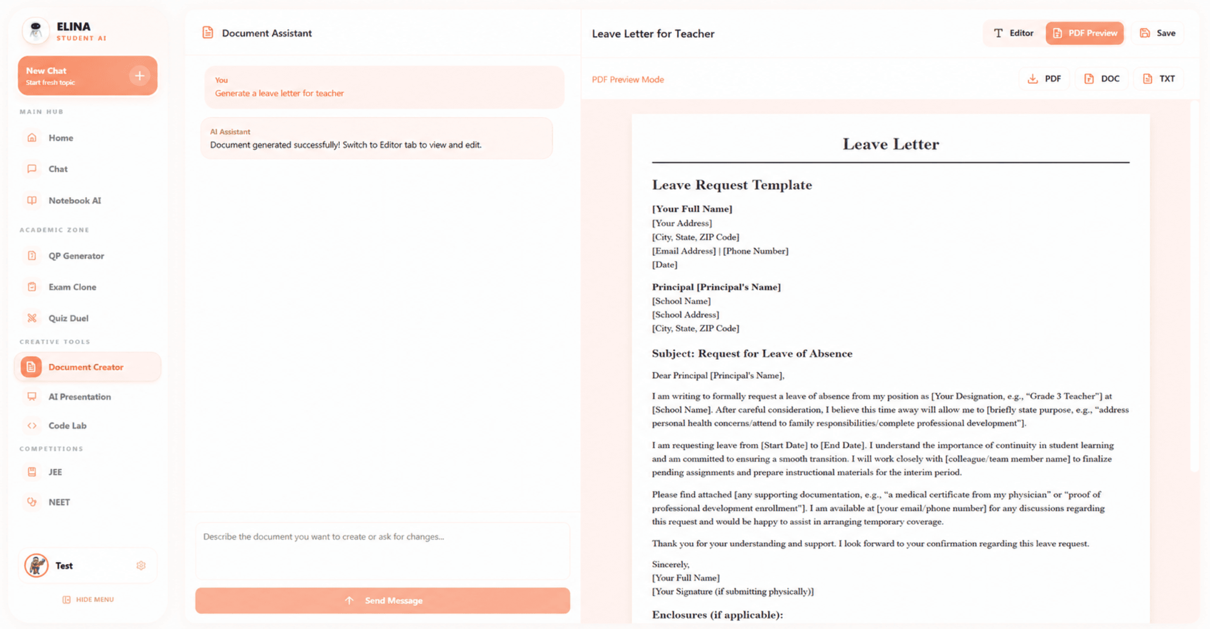ELINA AI Document Assistant with chat prompt, document editor, and PDF preview