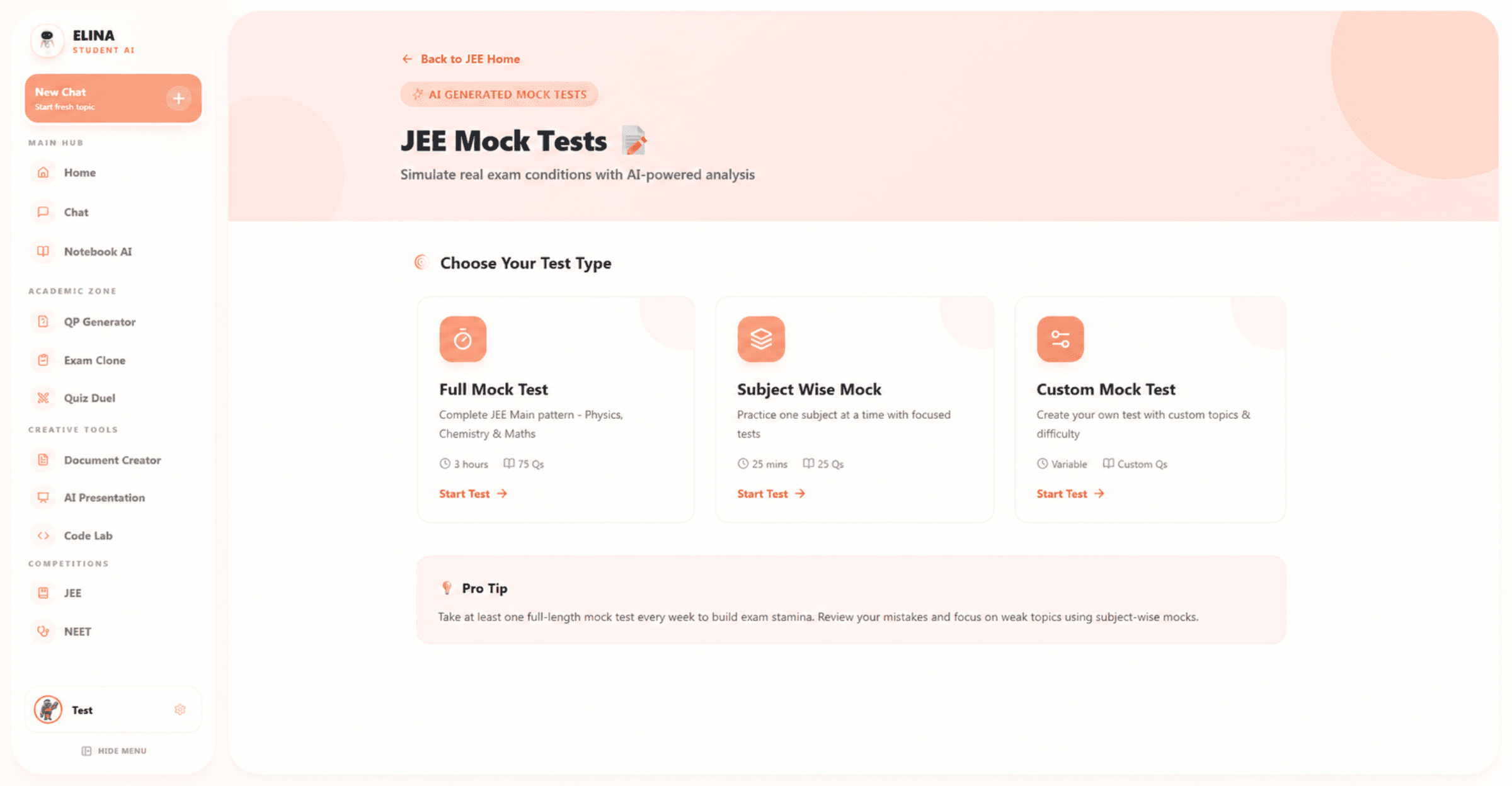 ELINA AI JEE and NEET mock test dashboard with timer, questions, analytics, and explanations