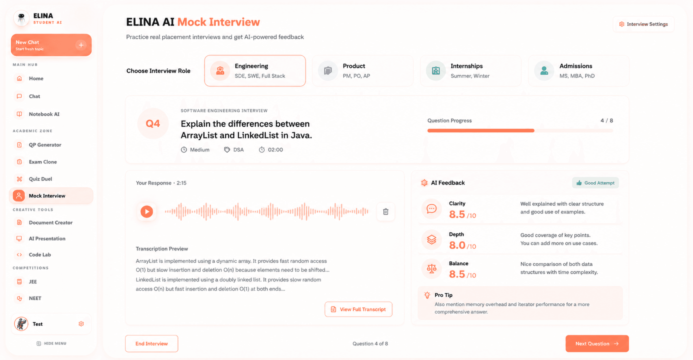 ELINA AI Mock Interview screen with questions, response analysis, and feedback