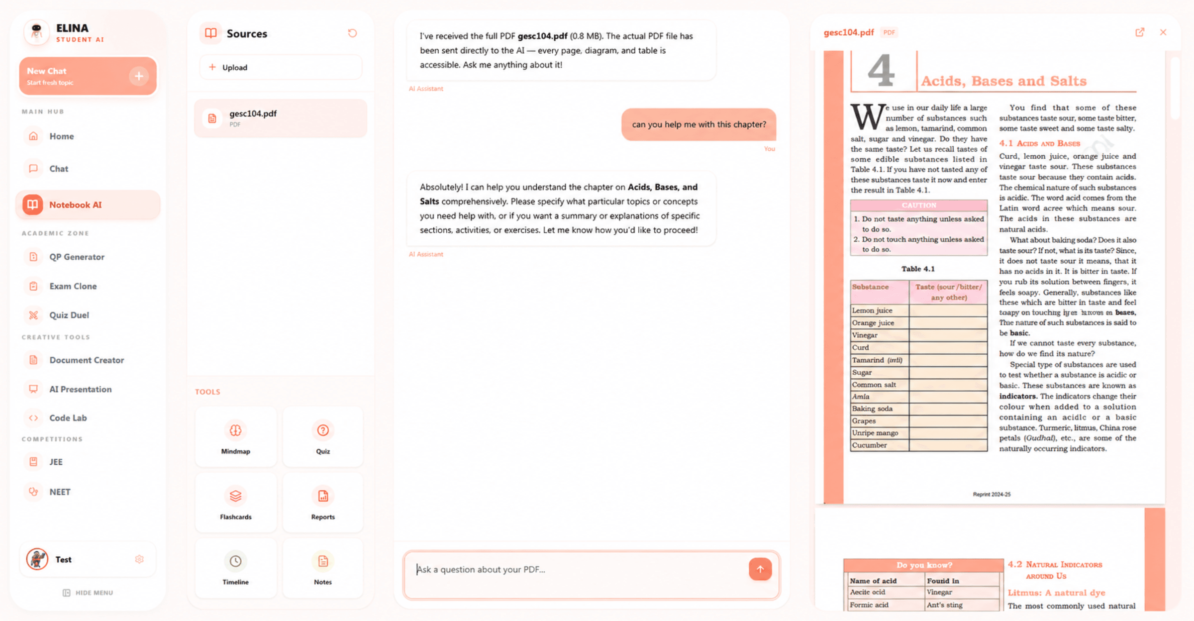 Notebook AI workspace showing uploaded study material, summary, quiz, flashcards, and AI chat
