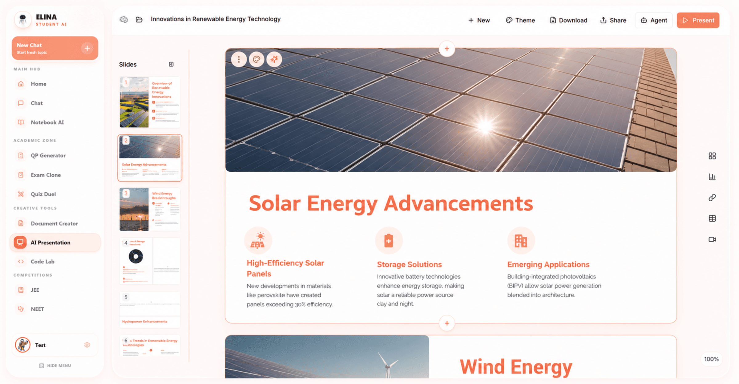ELINA AI Presentation Generator creating slides from academic material