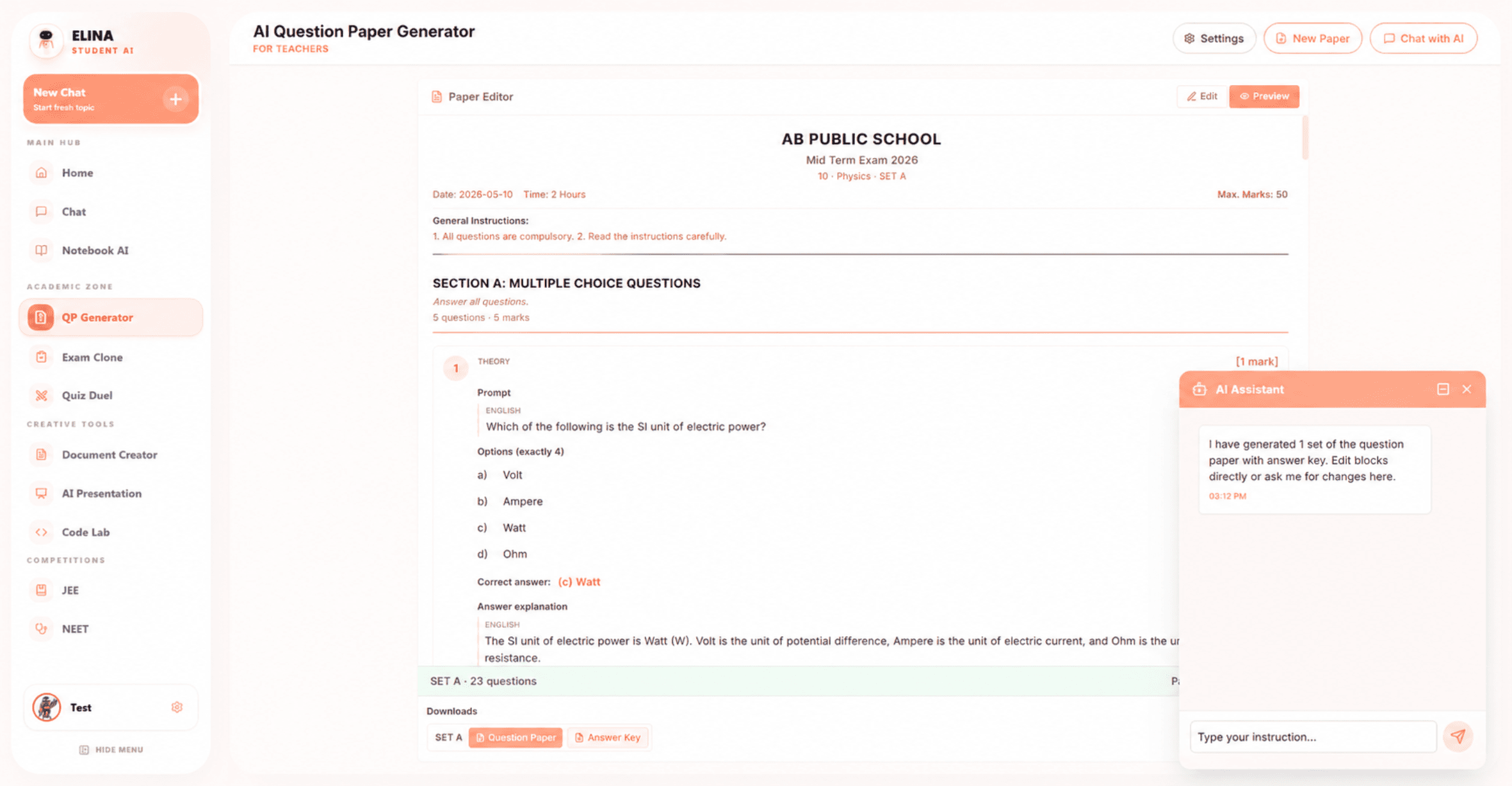 ELINA AI Question Paper Generator with syllabus upload, marks distribution, question editor, and answer key