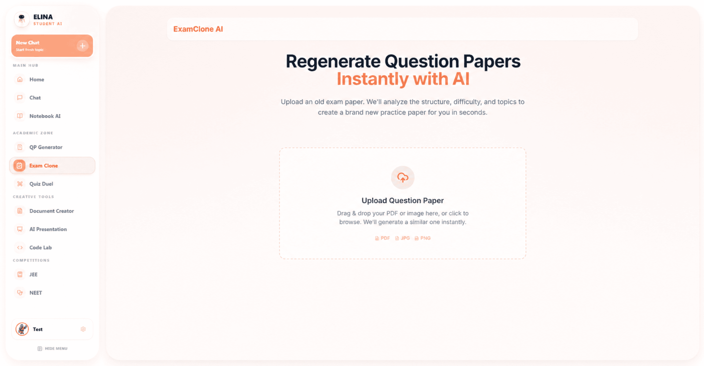 ELINA AI Question Paper Regenerator creating a new practice paper from an uploaded previous paper