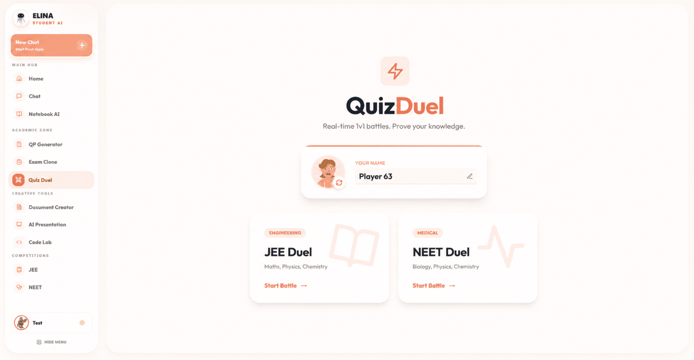 ELINA AI Quiz Duel showing two students competing in a live academic quiz with leaderboard