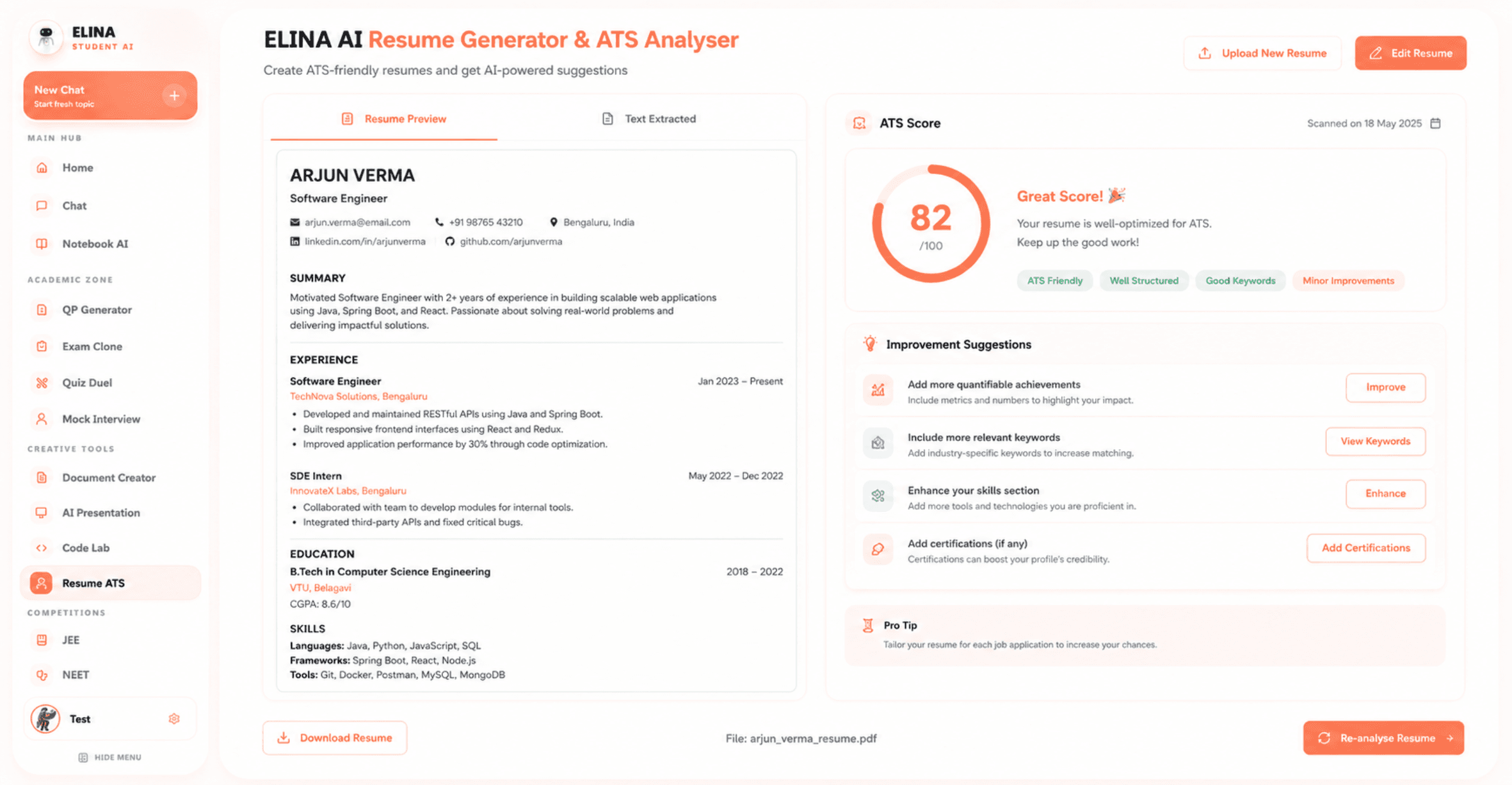 ELINA AI Resume Generator and ATS Analyser showing resume score and suggestions