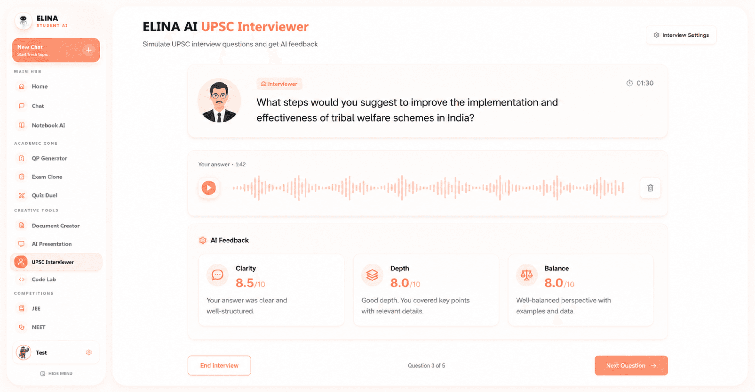 ELINA AI UPSC Interviewer simulating interview questions and feedback