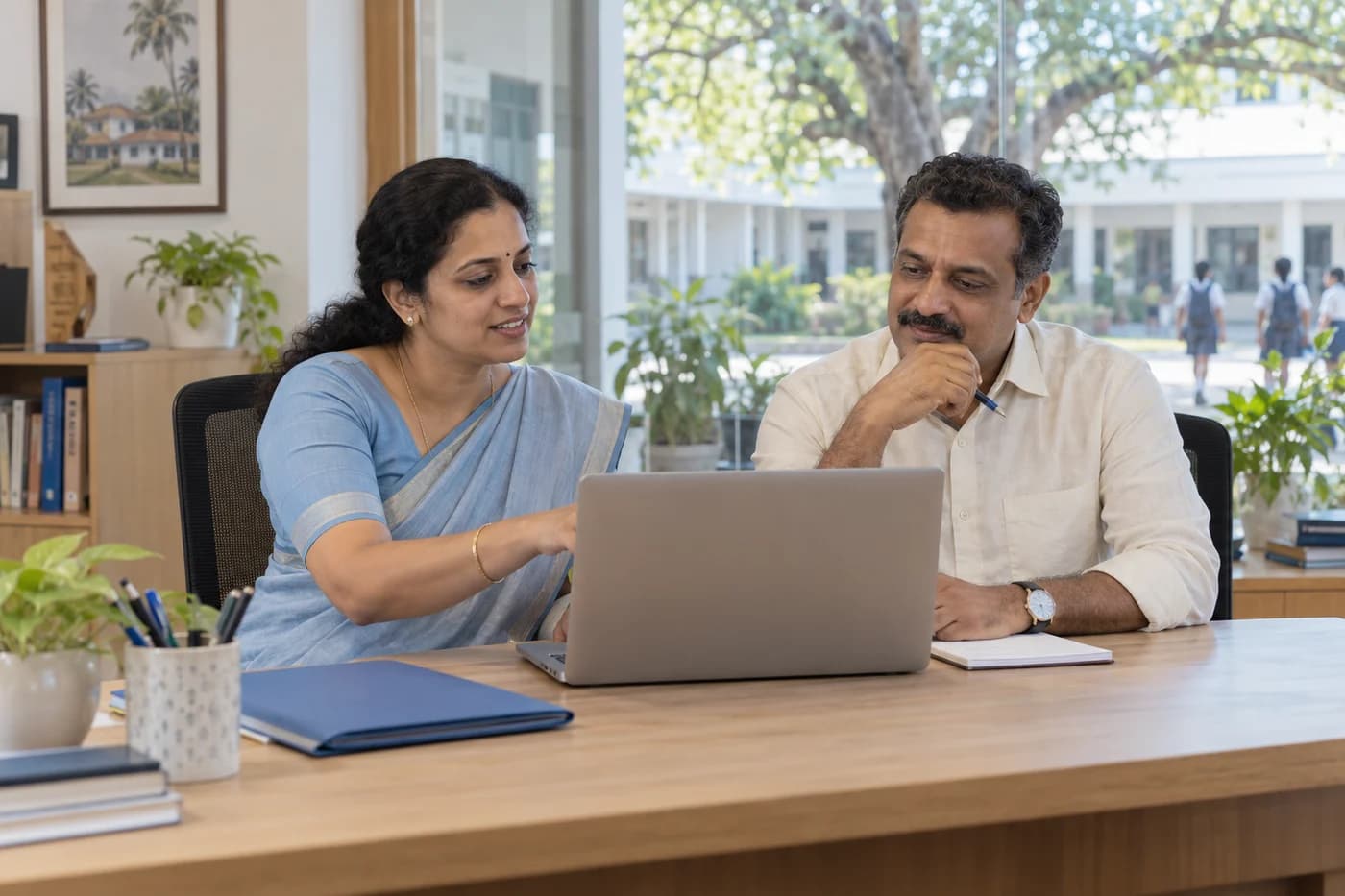 School administrators discussing their work together at a laptop