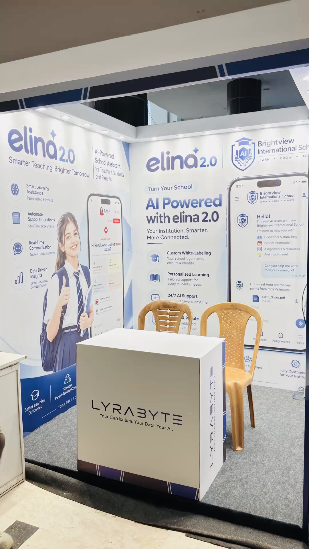 The Lyrabyte exhibition stall displaying ELINA 2.0 and Iris OS