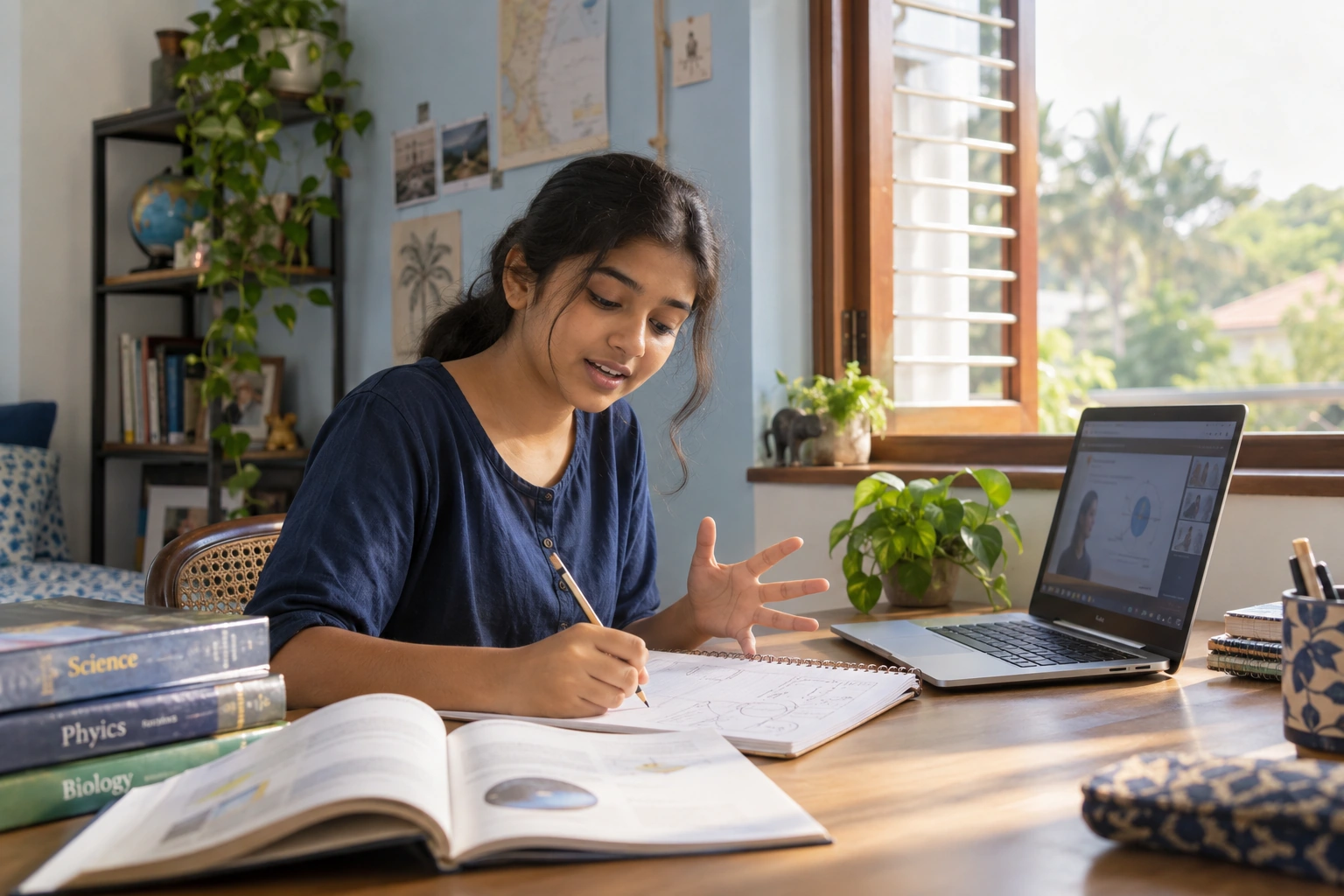 A student working through a science idea in her notebook with learning support on a laptop beside her