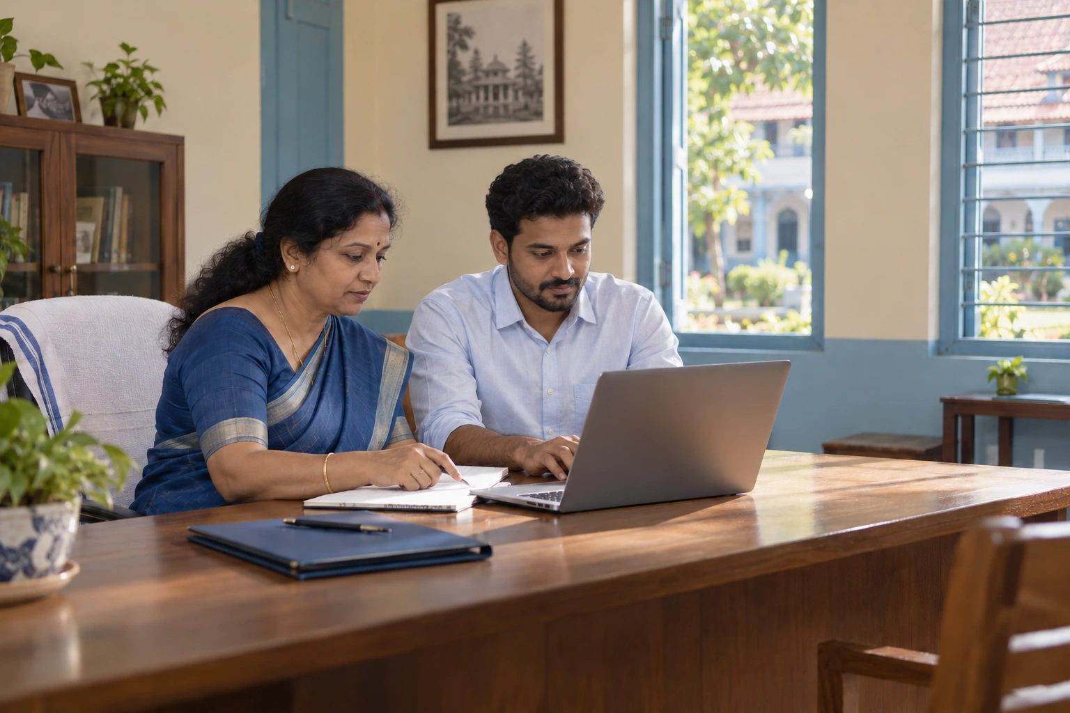 A principal and school administrator both reviewing information on a laptop in the school office